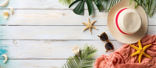 Canvas Print - Summer items displayed on a white wooden surface, capturing a summery atmosphere from an aerial perspective.