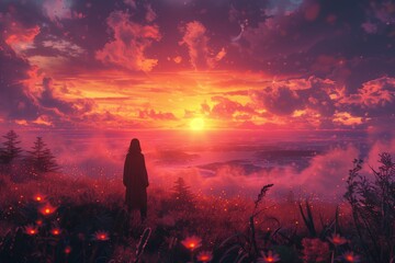 Poster - A Solitary Figure Watches a Dramatic Sunset Over a Foggy Landscape