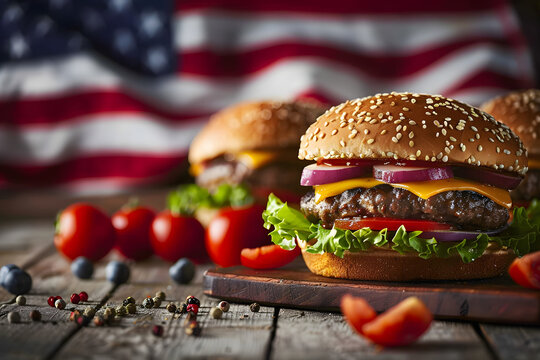 A freshly made beef burger with an american stars and stripes flag. USA holiday food