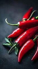 Wall Mural - Fresh red chili peppers with green leaves on a dark background, close-up shot. Spicy food ingredient concept