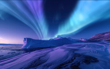 Wall Mural - greenland aurora sky above iceberg generative ai