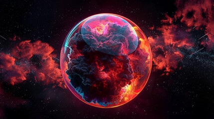 Wall Mural - 3d spectacular cosmic cloud explosion within transparent sphere with black background. nebula and st