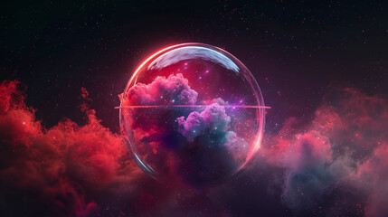 Wall Mural - 3d spectacular cosmic cloud explosion within transparent sphere with black background. nebula and st