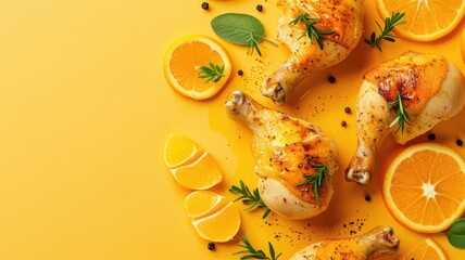 Baked chicken legs with orange slices and fresh herbs on yellow background