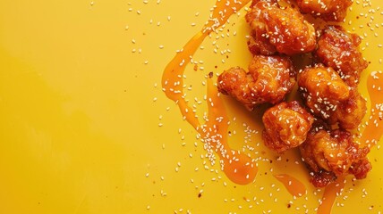 Wall Mural - Crispy fried chicken coated in sweet sauce with sesame seeds on yellow background