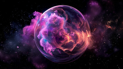 Wall Mural - 3d spectacular cosmic cloud explosion within transparent sphere with black background. nebula and st