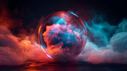 Wall Mural - 3d spectacular cosmic cloud explosion within transparent sphere with black background. nebula and st