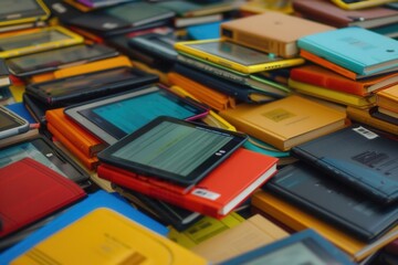 Poster - A vibrant collection of tablets and e-readers showcasing educational content, representing the modern landscape of digital learning. Generative AI