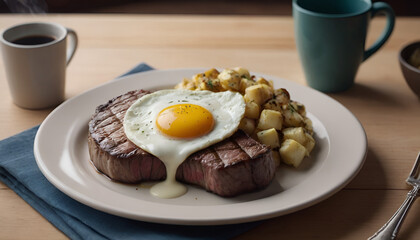 Wall Mural - steak and eggs on a plate