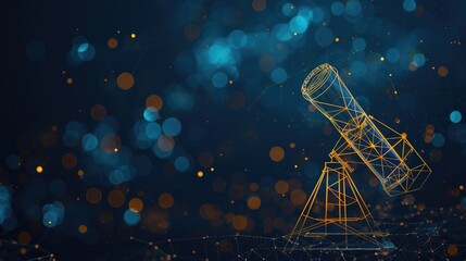 Abstract digital wireframe of a home-telescope against dark abstract background with blue and gold bokeh lights