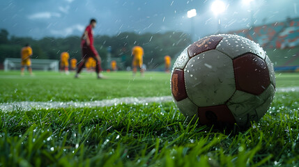 Wall Mural - football on green football field with player as background