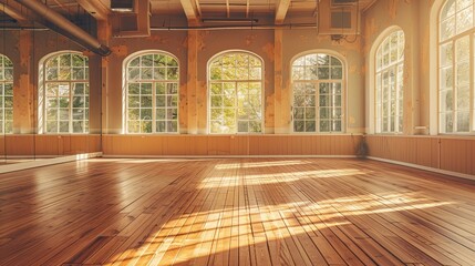 Canvas Print - Interior of an empty dance, yoga, fitness studio hall with big mirrors, windows and wooden floor