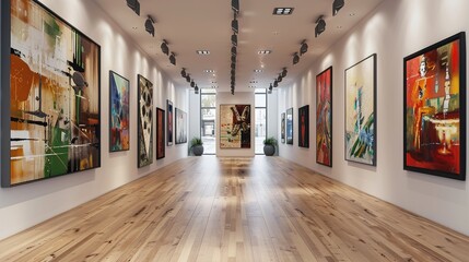 Poster - Interior of modern art gallery with paintings on walls and wooden floor