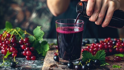 Person pouring dark berry drink into glass surrounded by fresh berries