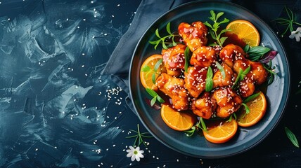 Wall Mural - Delicious glazed chicken with orange slices and greens on black plate