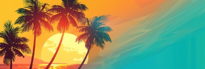 Poster - Minimalist, vibrant image of palm tree silhouettes against a setting sun over a blue ocean beach. Generative AI