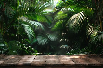 Poster - Jungle table background. Interior table for a cosmetic item against the backdrop of tropical plants, palms and jungle