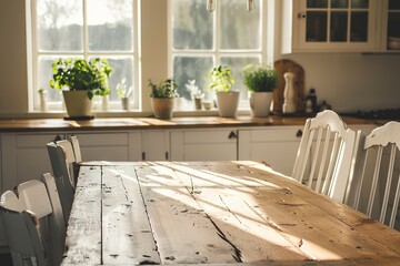 Sticker - Kitchen interior details. Cozy farmhouse style kitchen interior with wooden table and white classic furniture