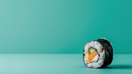 Wall Mural - Single sushi roll on teal background