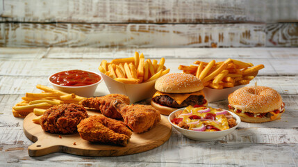 Wall Mural - fast food items such as pizza, fried chicken, french fries, and a burger, arranged on a rustic white wooden table