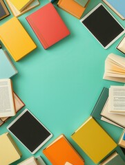 Poster - A flat lay image of colorful tablets and e-readers surrounding a teal background, showcasing the concept of modern digital learning. Generative AI