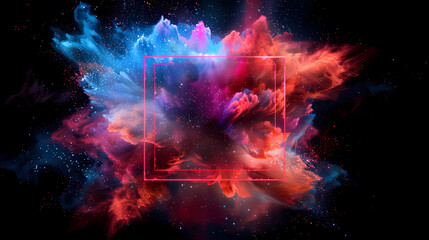 Wall Mural - spectacular cosmic cloud explosion within transparent square with black background. colorful nebula 