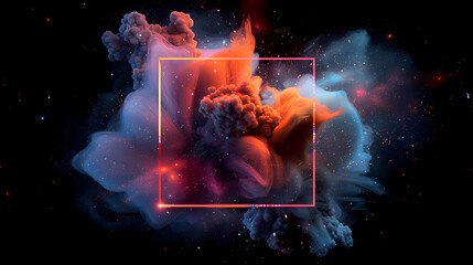 Wall Mural - spectacular cosmic cloud explosion within transparent square with black background. colorful nebula 
