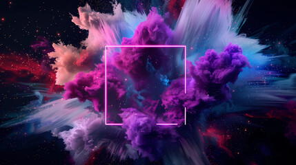 Wall Mural - spectacular cosmic cloud explosion within transparent square with black background. colorful nebula 