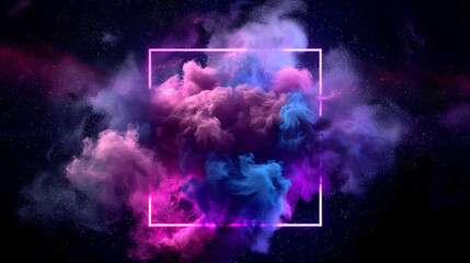 Wall Mural - spectacular cosmic cloud explosion within transparent square with black background. colorful nebula 