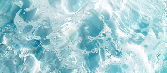 Wall Mural - Texture of crystal-clear water with ripples, splashes, and bubbles: an abstract summer banner background of sunlit water waves, with space for text and beauty products.
