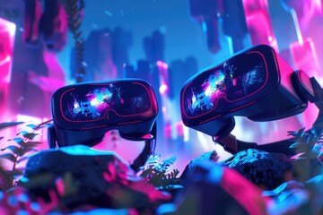 Poster - Two VR headsets, reflecting a vibrant digital world, showcase the potential of immersive technology. Generative AI