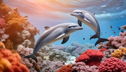 Wall Mural -  A pair of playful dolphins leaping out of the water, surrounded by vibrant coral and sponges