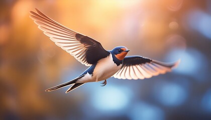 Wall Mural - an elegant swallow in flight seen from below, smooth bokeh background, uncropped 