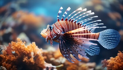 Wall Mural -  An exotic lionfish displaying its vivid, striped fins amidst a backdrop of soft bokeh coral