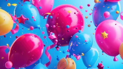 Poster - A vibrant backdrop featuring colorful balloons of various shapes, ideal for companies organizing parties and selling festive goods. Generative AI