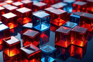 Wall Mural - Abstract background made of blue and red glowing glass cubes, 