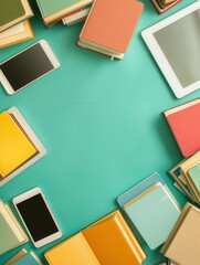 Leinwandbilder - A flat lay of tablets and e-readers showcasing educational materials, representing the modern approach to learning. Generative AI