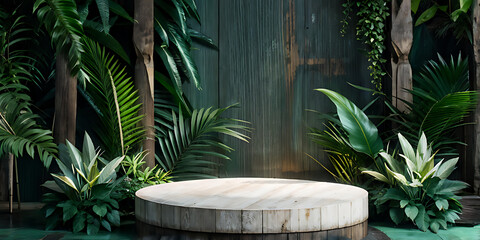  Background podium jungle product platform 3D green wood display pedestal. Background podium jungle tree nature leaf tropical cosmetic summer forest plant garden stage water presentation stone table. 