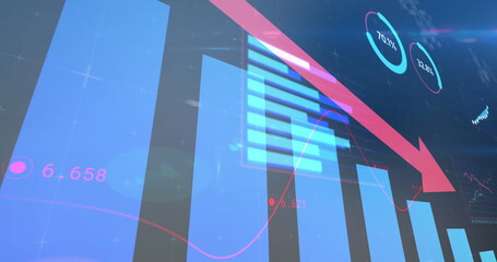 Wall Mural - Image of statistical data processing against light spot on blue background