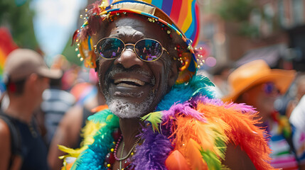 Sticker - Happy elderly gay black man at pride parade. Senior african american queer man in fluffy feather outfit 