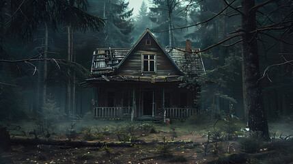 Wall Mural - An old abandoned broken wooden house in the middle of the forest like a scene from a western movie. Concept of horror with ghosts. 