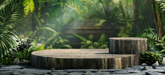  Background podium jungle product platform 3D green wood display pedestal. Background podium jungle tree nature leaf tropical cosmetic summer forest plant garden stage water presentation stone table. 