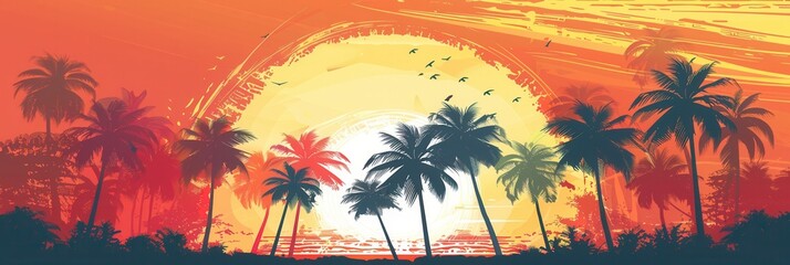 Poster - Vibrant sunset silhouette of palm trees on a beach with a bright, simple background. Perfect for travel agencies and resorts. Generative AI