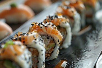 Canvas Print - Delicious uramaki sushi rolls covered with black sesame seeds and salmon are lying on a black plate