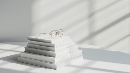 Stack of white books with glasses on top on a white table with shadows, minimalistic and modern concept