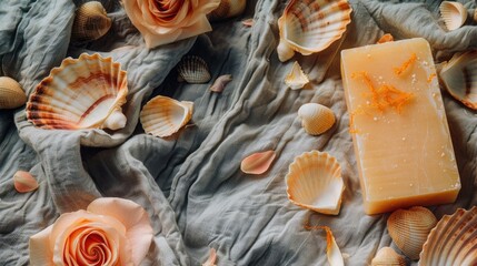 Sticker - Horizontal mockup featuring orange scented liquid soap on linen cloth with shells and rose petals Rustic theme empty space