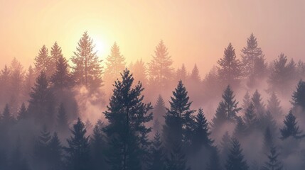 Aufkleber - A serene forest landscape at dawn, bathed in golden light, with mist adding a mystical touch. Generative AI