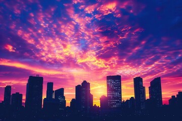 Aufkleber - A dramatic cityscape at sunset with skyscrapers silhouetted against a vibrant, colorful sky. Generative AI