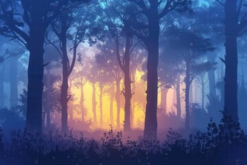 Poster - A serene and misty forest landscape bathed in the warm glow of sunrise. Generative AI