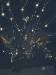 Aufkleber - A minimalist world map with illuminated flight routes and a small airplane flying above. Generative AI